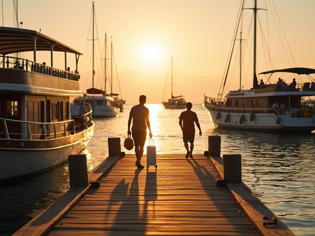 Arrival handoff at the Labuan Bajo marina pier with phinisi boats at golden hour